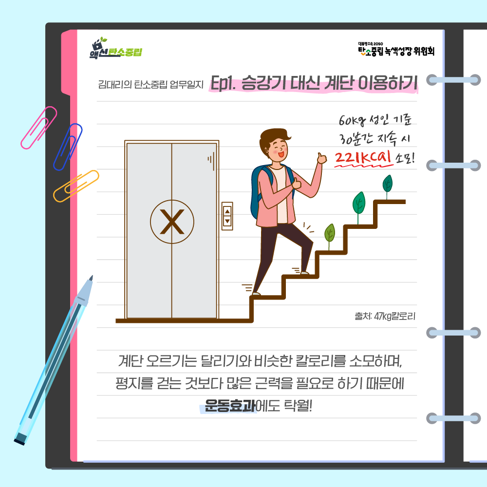  또, 계단 오르기는 달리기와 비슷한 칼로리를 소모하며, 평지를 걷는 것보다 많은 근력을 필요로 하기 때문에 탁월한 운동 효과도 볼 수 있어요!