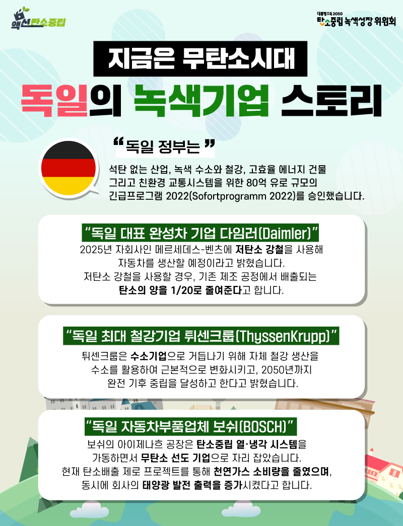 독일 정부는 석탄 없는 산업,  녹색 수소와 철강, 고효율 에너지 건물 그리고 친환경 교통시스템을 위한 80억 유로 규모의  긴급프로그램 2022(Sofortprogramm 2022)를 승인했는데요.  이미 독일의 수많은 기업에서 ESG 경영의 일환으로 지속가능성 보고서를 발간하거나 탄소중립 목표를 내세우고 있습니다.