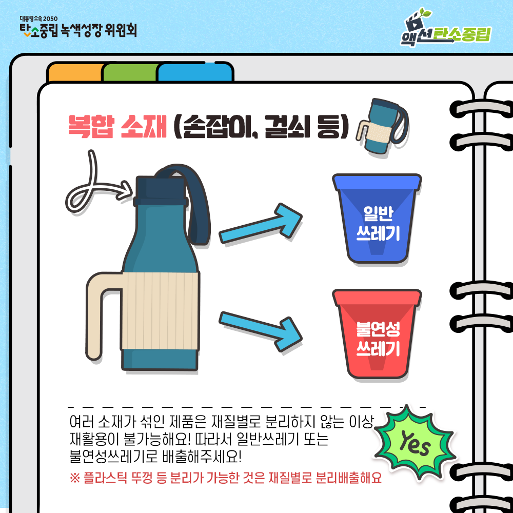 여러 소재가 섞인 제품은 재빌별로 분리하지 않는 이상 재활용이 불가능해요. 따라서 일반쓰레기나 불연성 쓰레기로 배출해주세요