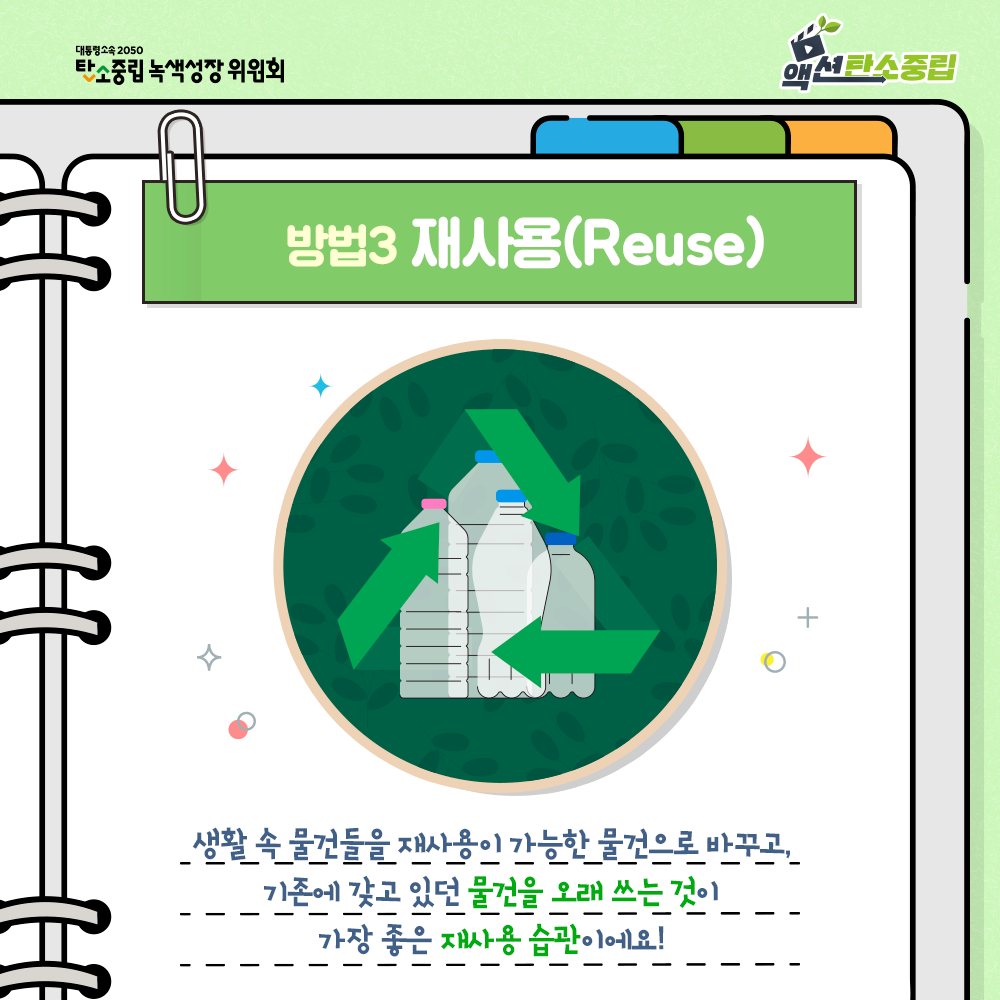 방법3 재사용(Reuse) 생활 속 물건들을 재사용이 가능한 물건으로 바꾸고, 기존에 갖고 있던 물건을 오래 쓰는 것이 가장 좋은 재사용 습관이에요!