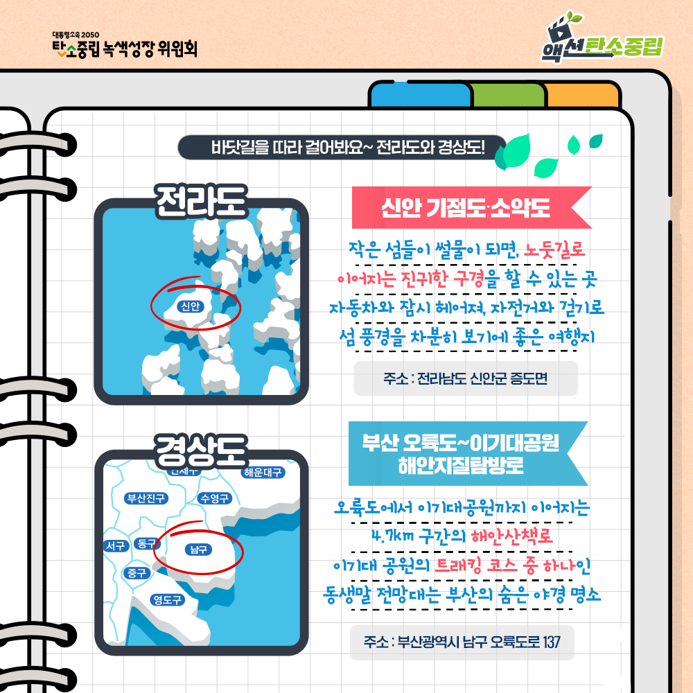 바닷길을 따라 걸어봐요~ 전라도와 경상도! 전라도: 신안 기점도 소악도. 작은 섬들이 썰물이 되면, 노둣길로 이어지는 진귀한 구경을 할 수 있는 곳. 자동차와 잠시헤어져, 자전거와 걷기로 섬 풍경을 차분히 보기에 좋은 여행지. 주소: 전라남도 신안군 증도면. 경상도: 부산 오륙도~이기대공권 해안지질탐방로. 오륙도에서 이기대공원까지 이어지는 4.7km 구간의 해안산책로 이기대 공원의 트래킹 코스 중 하나인 동생말 전망대는 부산의 숨은 야경 명소. 주소: 부산광역시 남구 오륙도로 137.