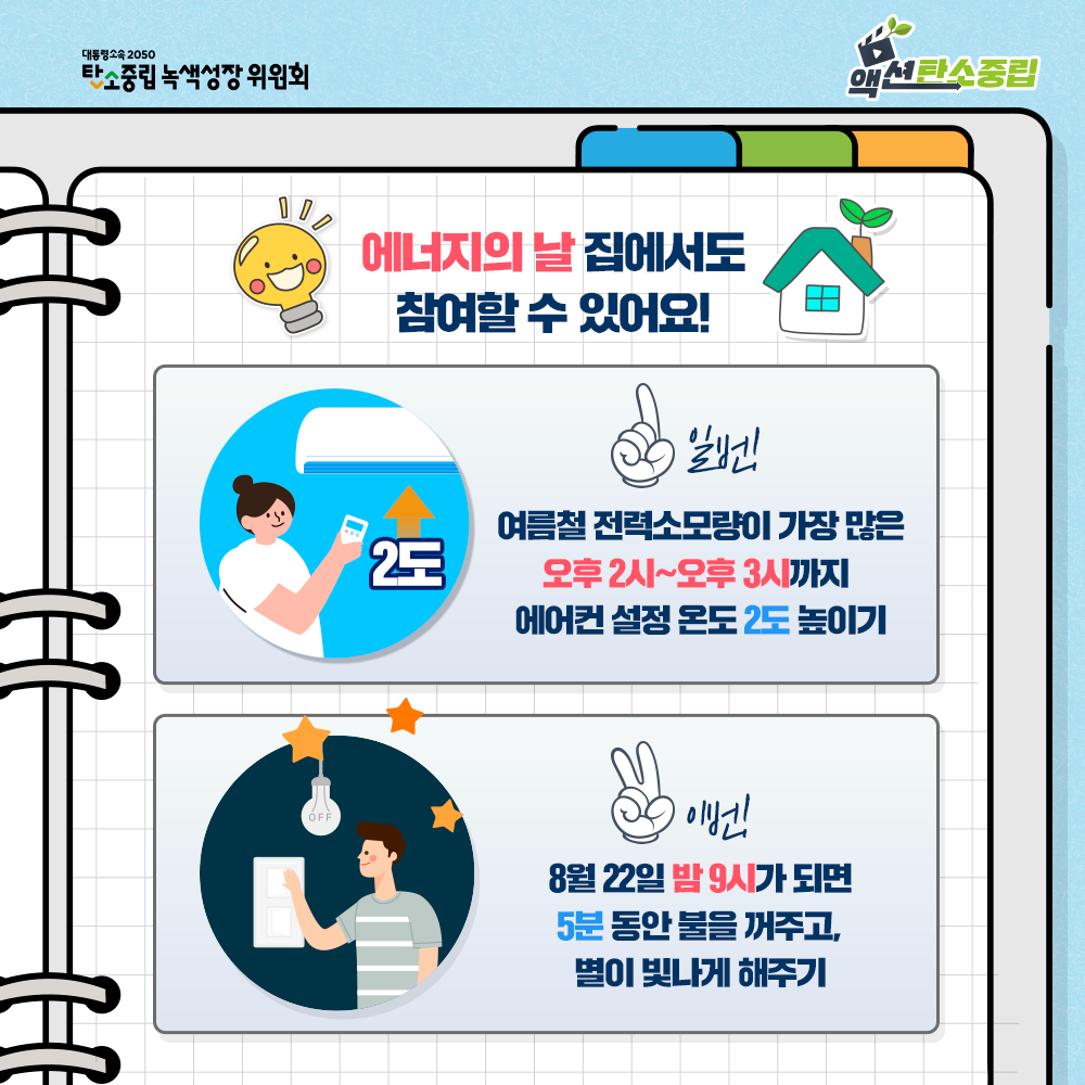 에너지의 날 집에서도 참여할 수 있어요! 일번! 여름철 전력소모량이 가장 많은 오후 2시~오후 3시까지 에어컨 설정 온도 2도 높이기. 이번! 8월 22일 밤 9시가 되면 5분 동안 불을 꺼주고, 별이 빛나게 해주기