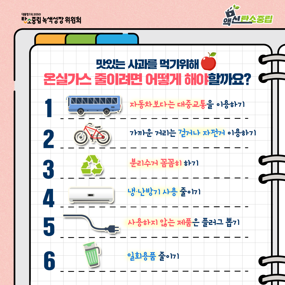 맛있는 사과를 지키기 위해 온실가스를 줄이는 법을 실천하고 탄소중립을 함께 실천해요!