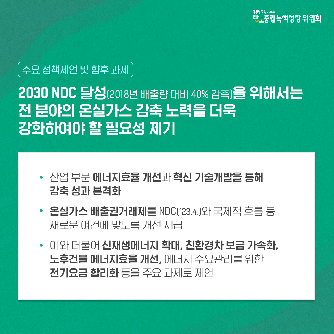 주요 정책제언 및 향후 과제 : 2030 NDC 달성을 위해 전 분야의 온실가스 감축 노력